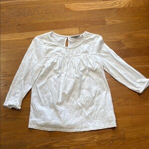 White Long Sleeve Blouse with Pom Pom Trim